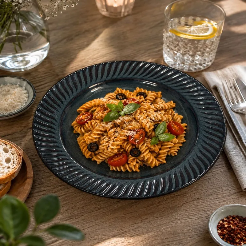 Dark blue ribbed pasta plate filled with pasta on a dining table