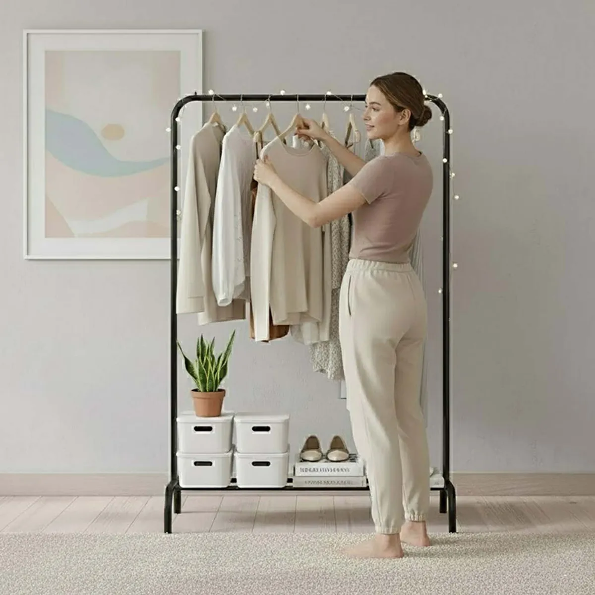 Black metal clothes rack styled with garments and storage boxes