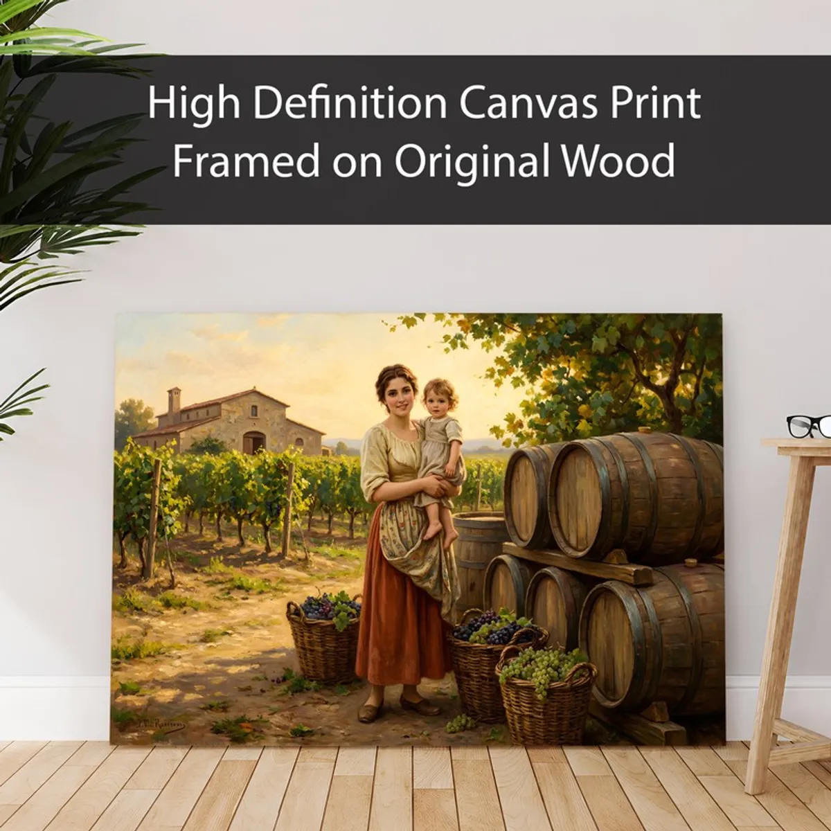 Canvas print of a vineyard scene with mother and child placed against a wall
