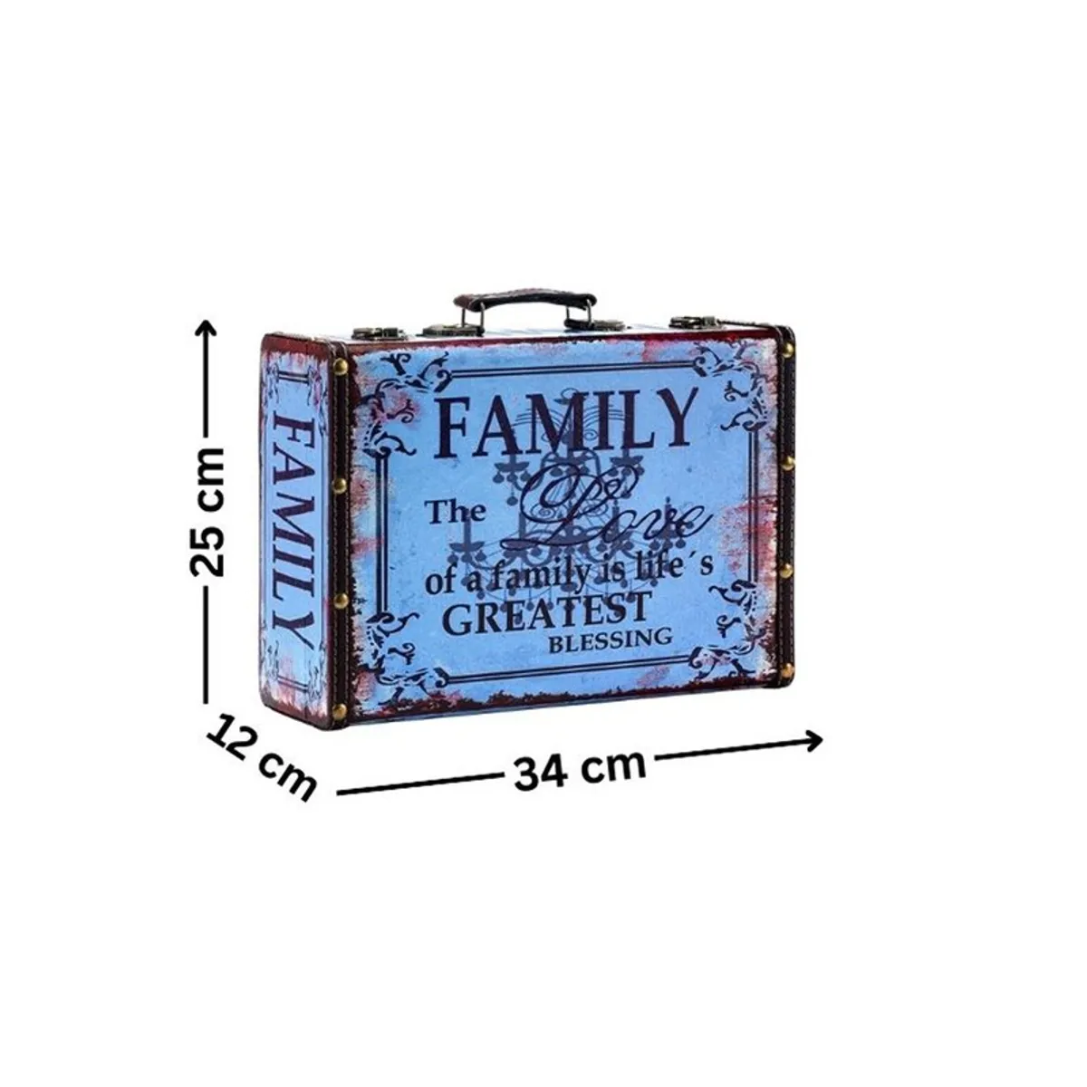 Blue storage box shown with dimensional arrows measuring approximately 34 by 25 by 12 cm
