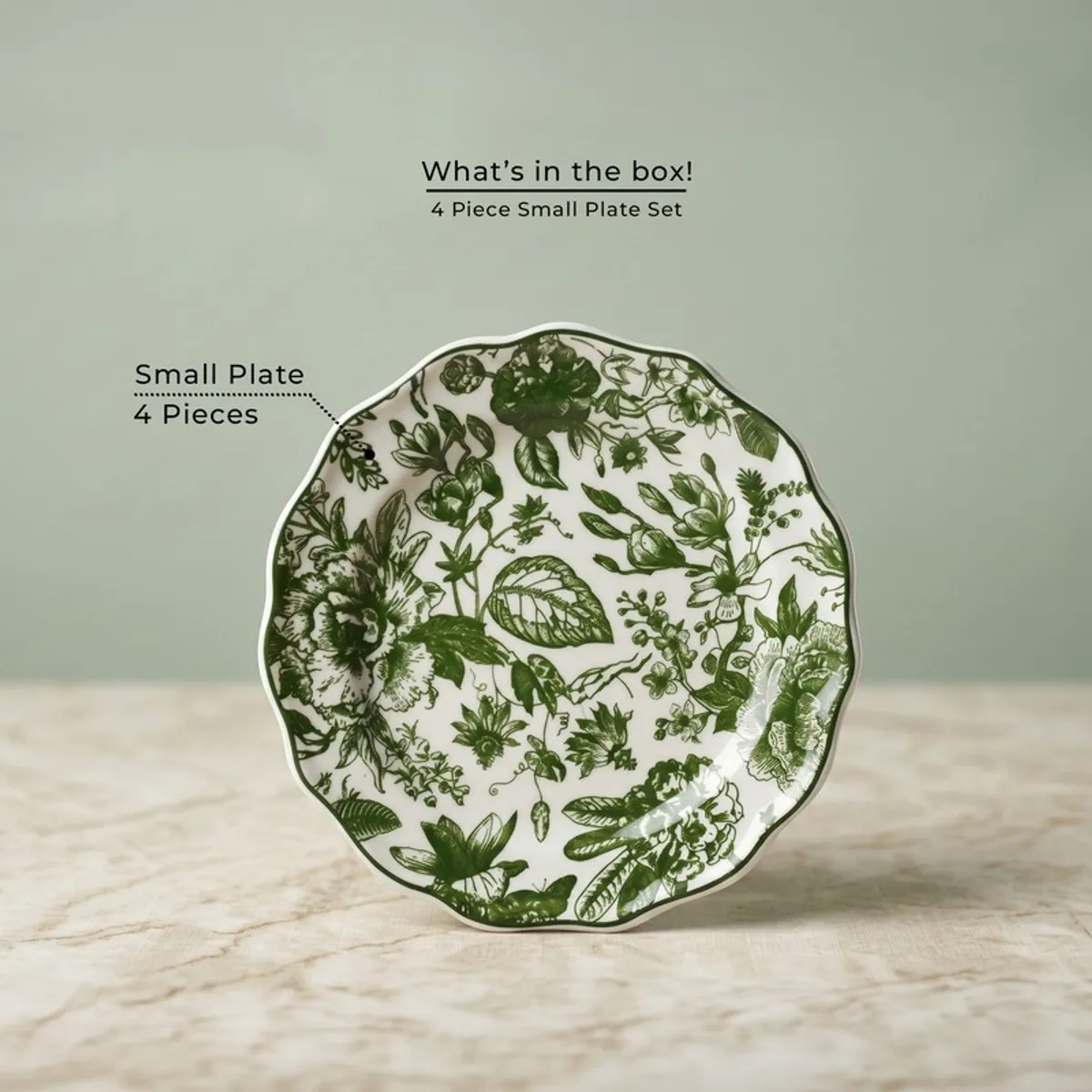 Single green and white botanical quarter plate shown upright