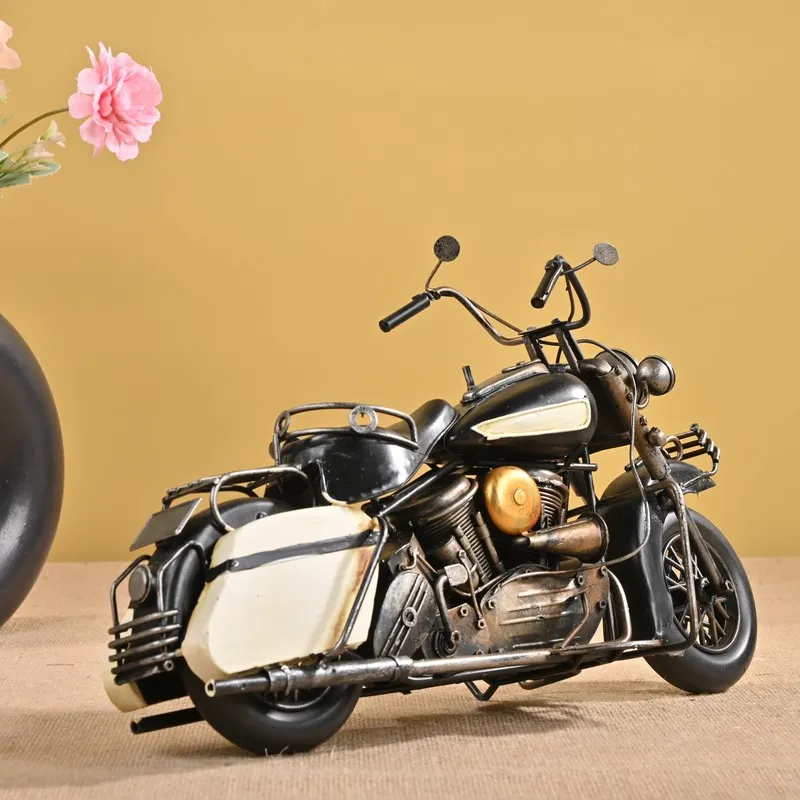 Rear angled view of vintage motorcycle showpiece with detailed side pannier