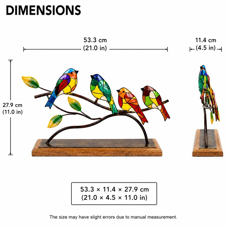 Side and front view of the bird showpiece with printed dimensions