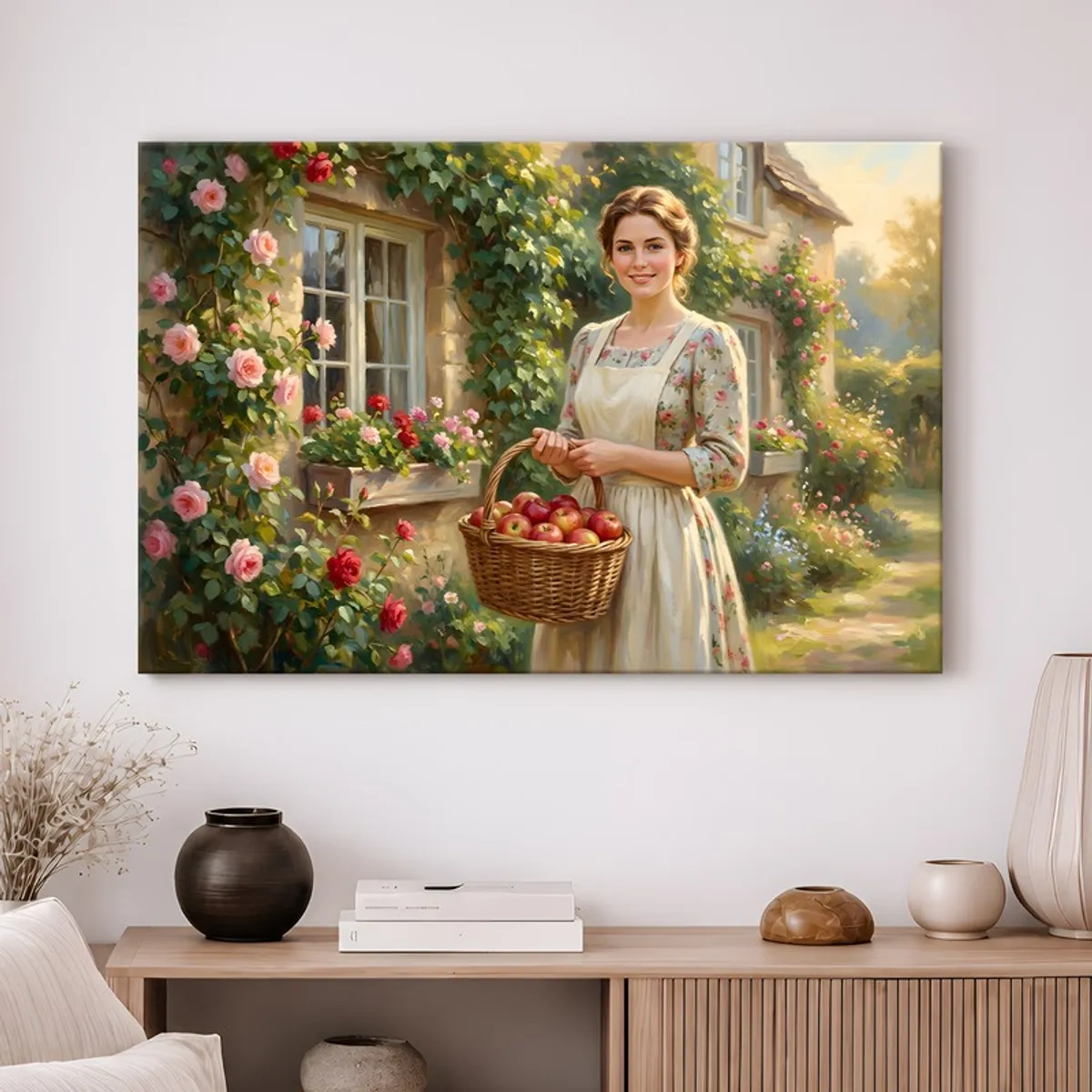 Wall-mounted cottage scene canvas above a console in a styled living room
