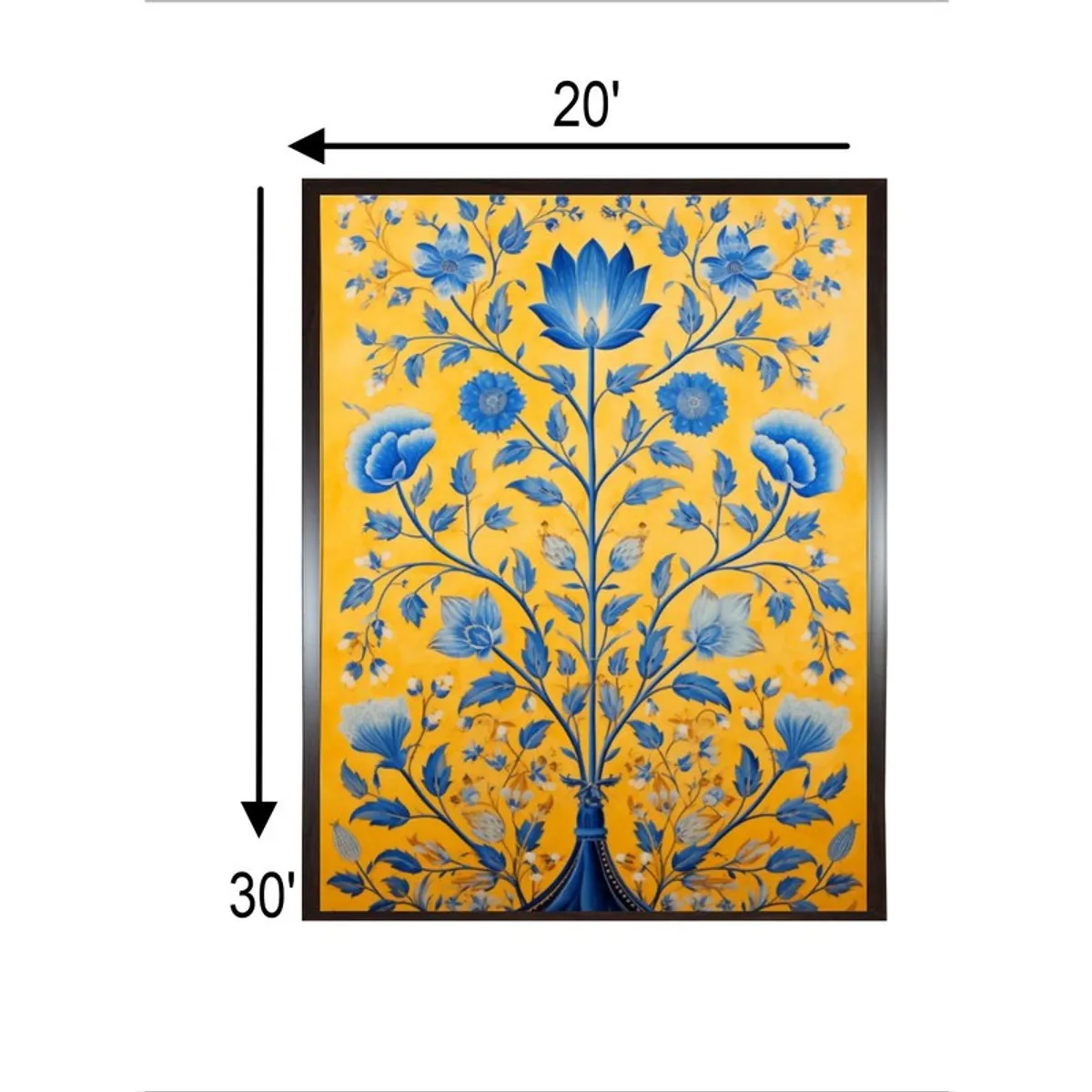 Framed blue floral wall painting with size graphic shown in the image