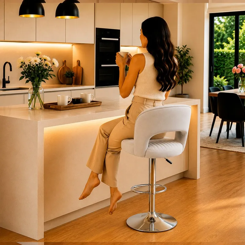 Person seated on a grey velvet bar chair at a kitchen island