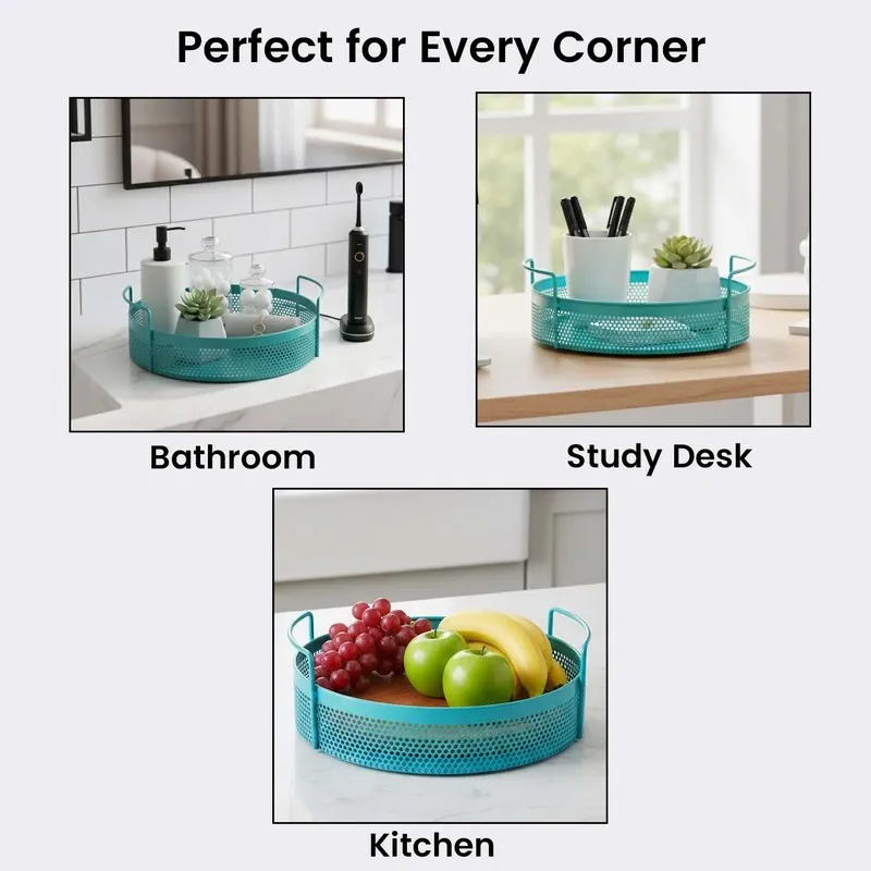 Blue round metal basket with perforated sides shown in different settings
