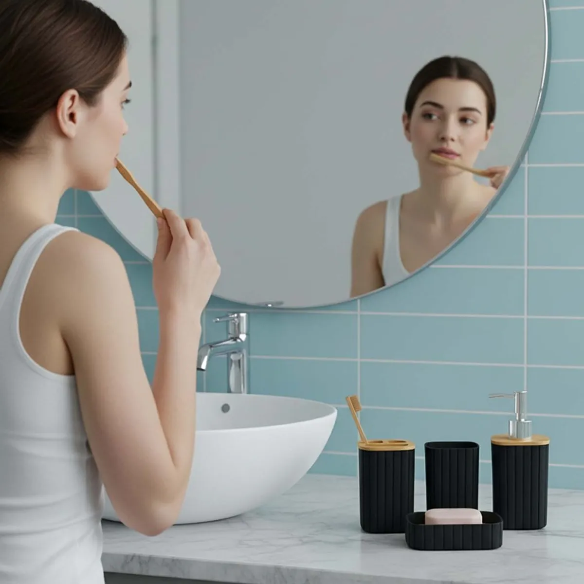 Black bathroom accessory set arranged beside a white basin in a modern bathroom.
