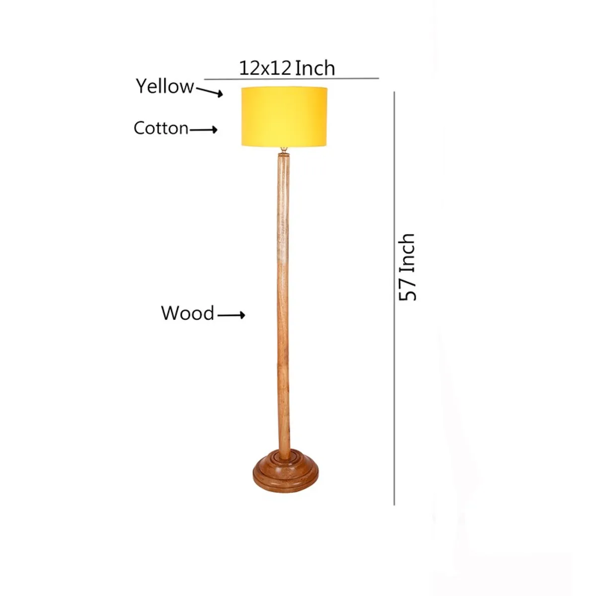 Wooden floor lamp with yellow drum shade shown in a dimension-style product graphic