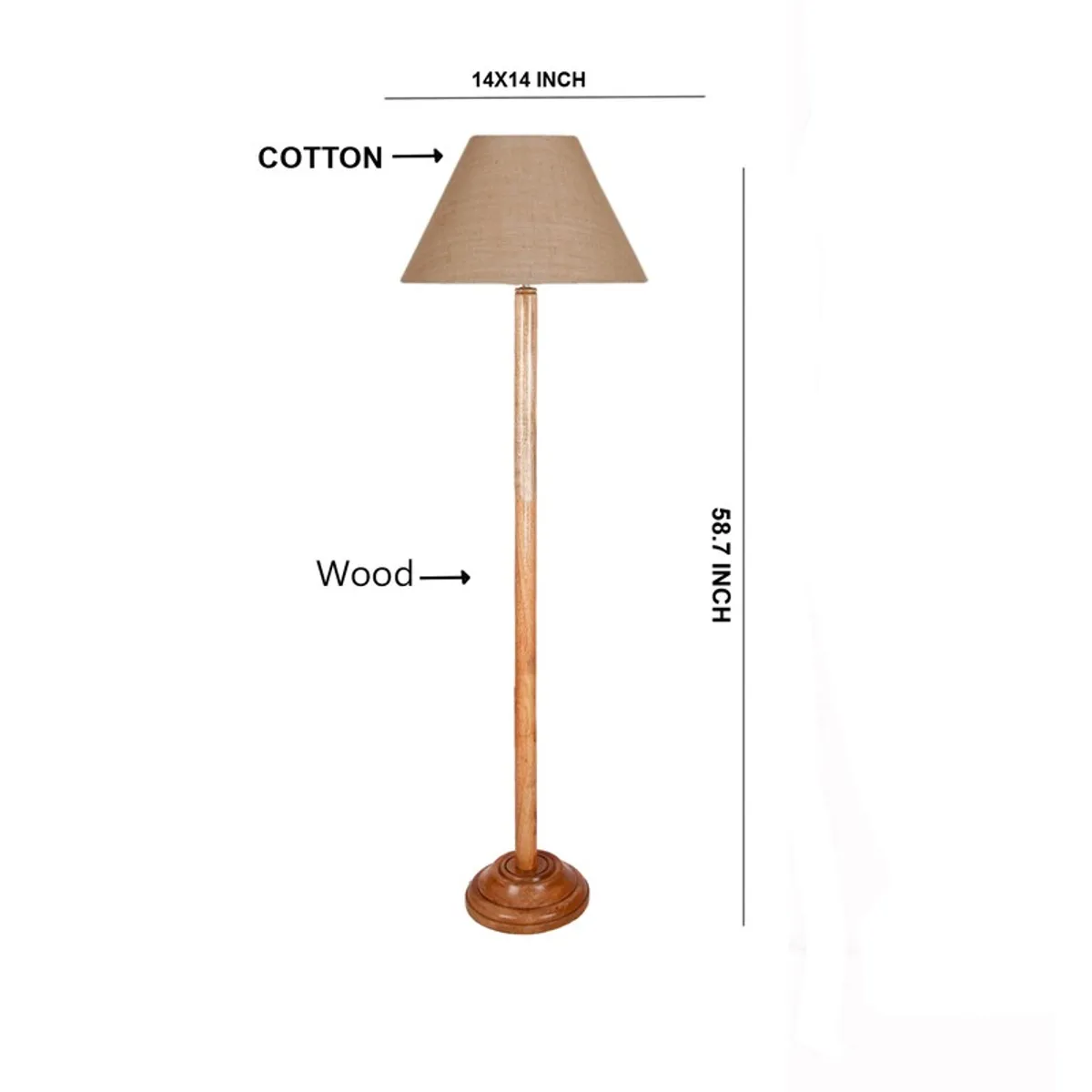 Wooden floor lamp with beige conical shade shown against a white background