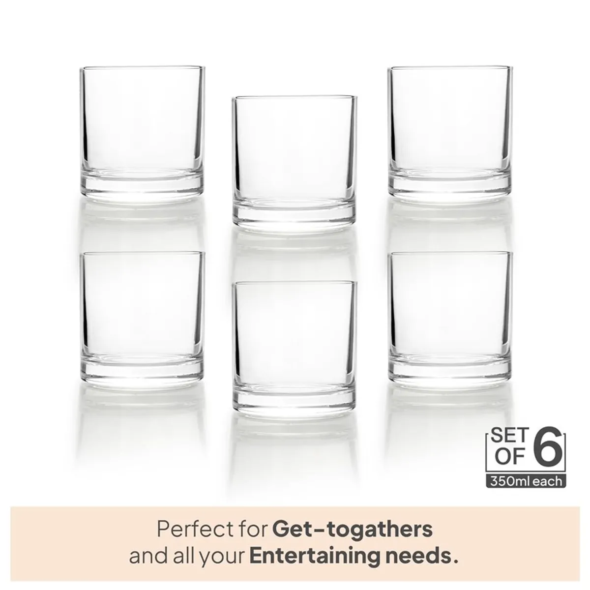 Six clear cylindrical glasses arranged in two rows