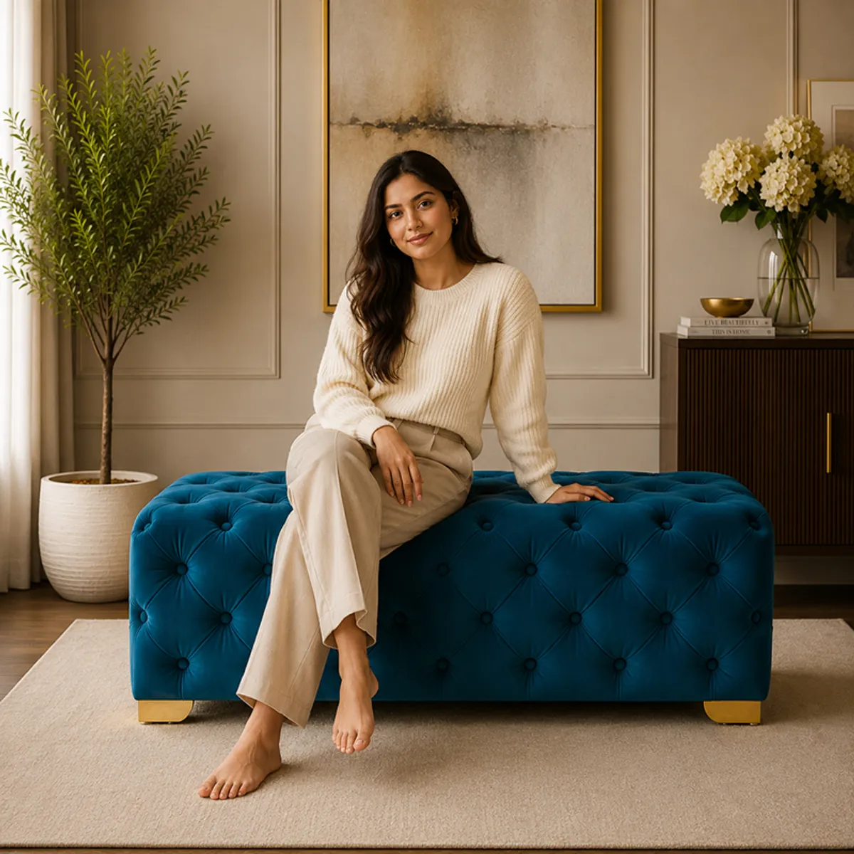 Person seated on a teal velvet button-tufted bench with gold-finished legs