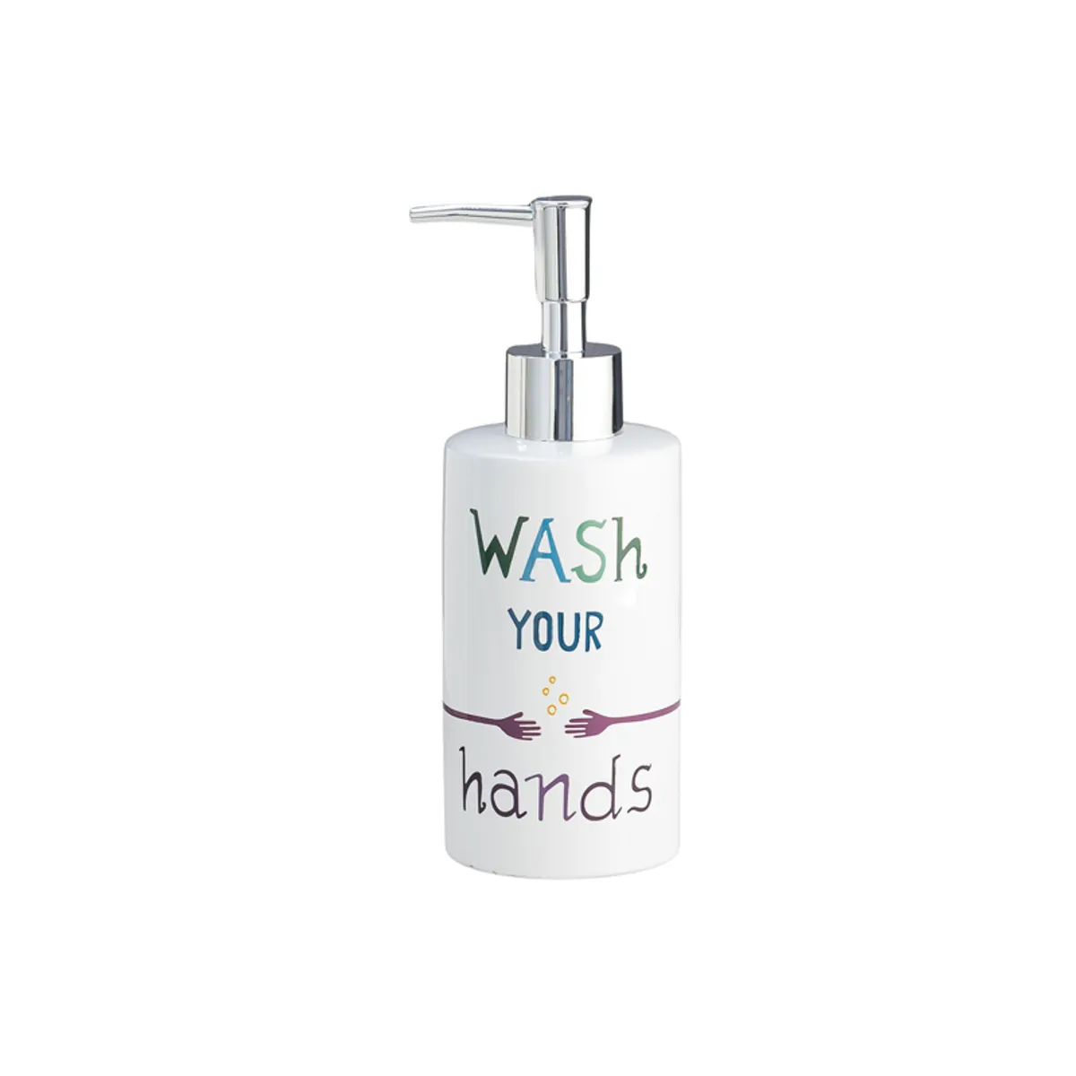 White cylindrical soap dispenser with colourful handwashing typography on a plain background
