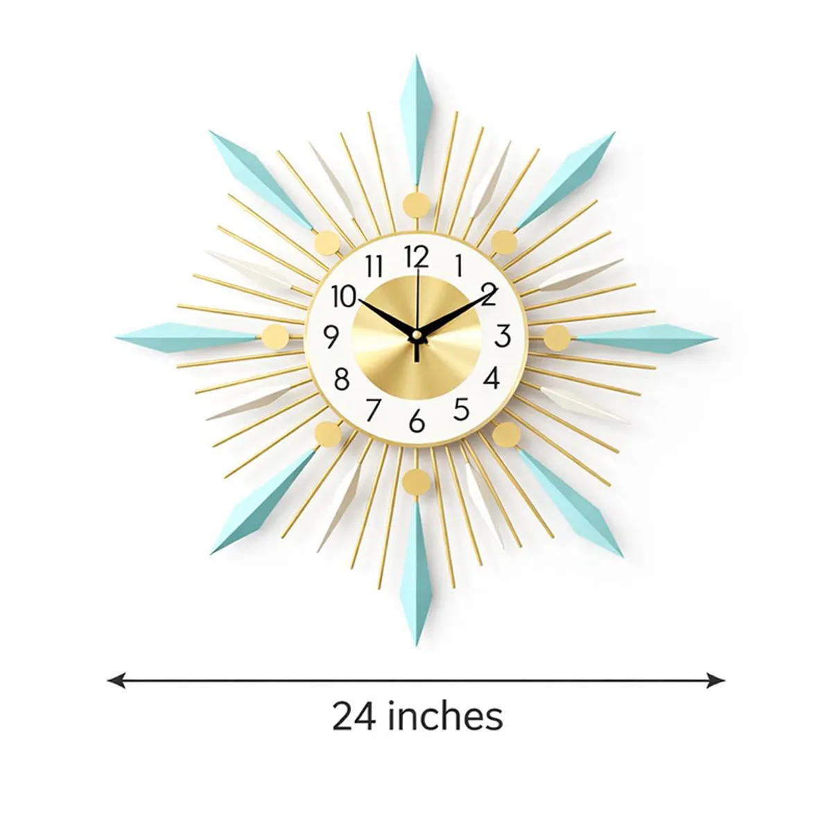 Front view of gold, white and blue wall clock with sunburst design