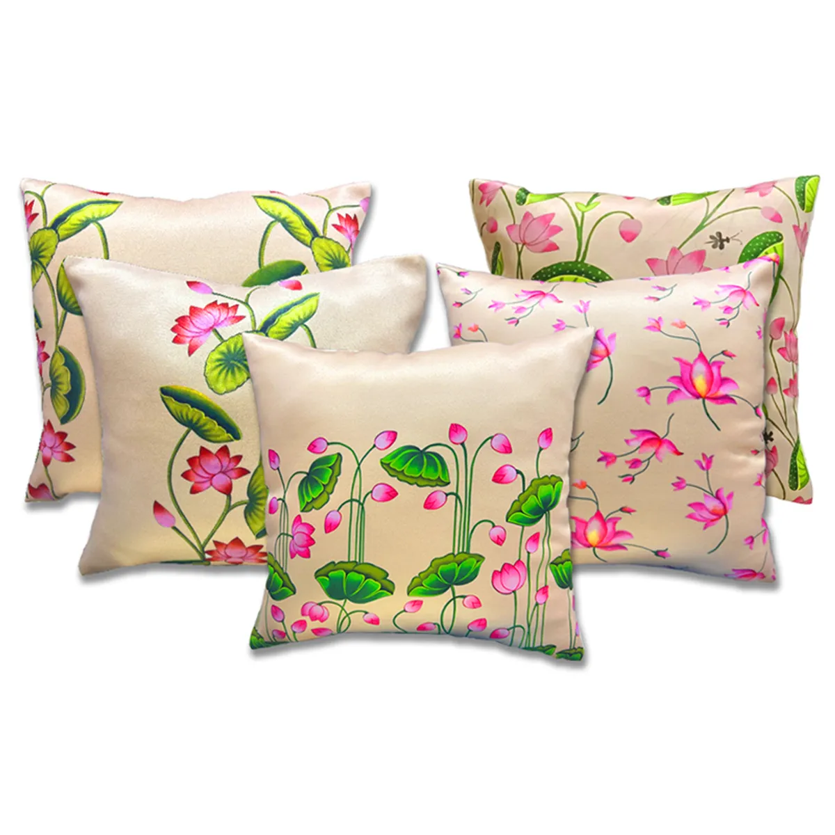 Five square beige cushion covers with colourful lotus floral prints
