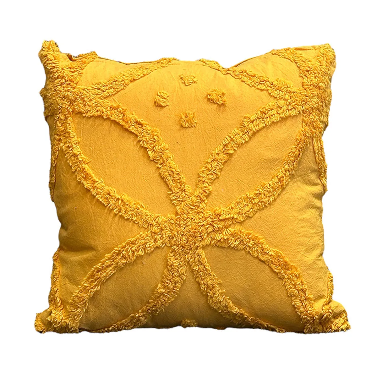 Yellow tufted cushion cover displayed against a white background
