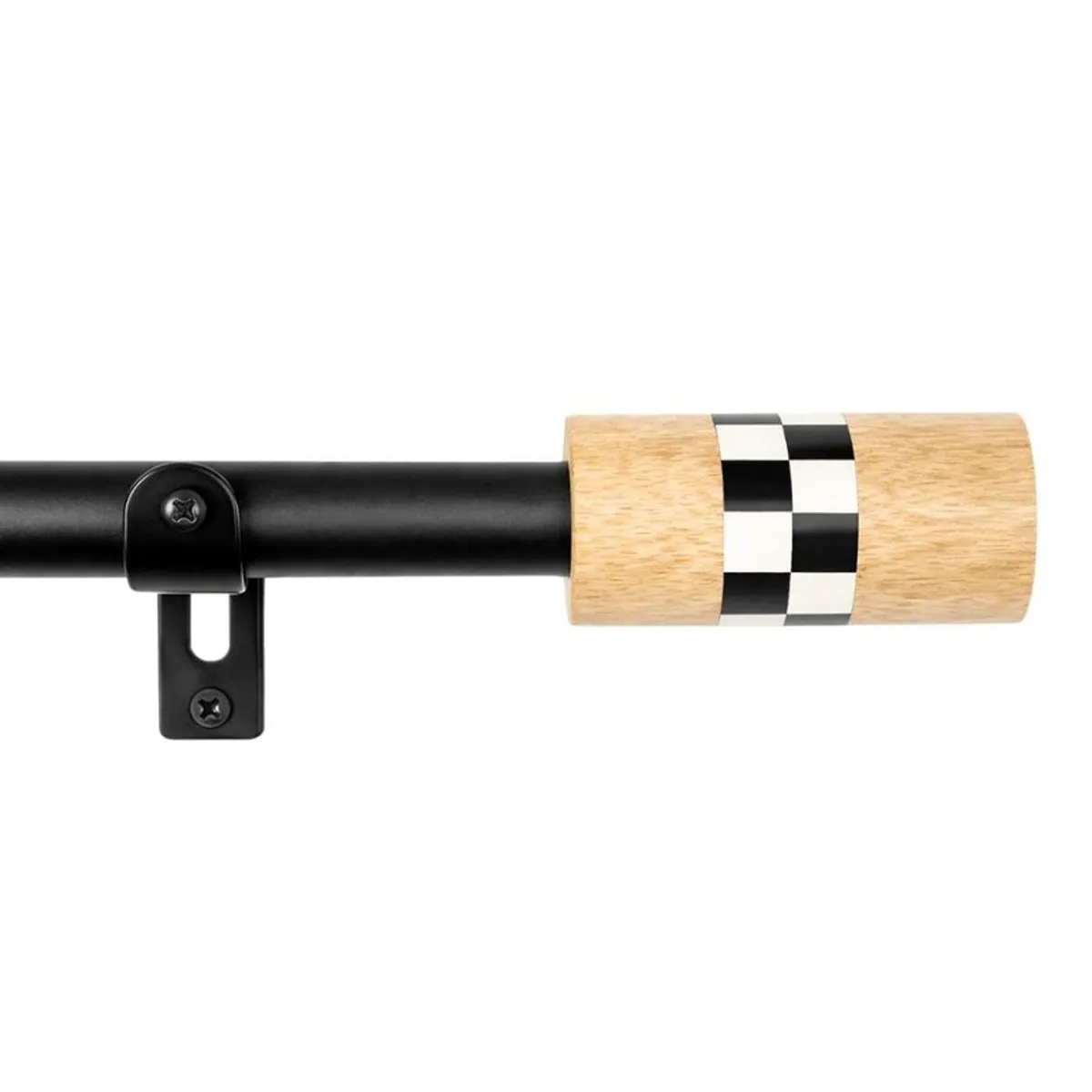 Close-up of black curtain rod, bracket and wood-look black-and-white checkered finial