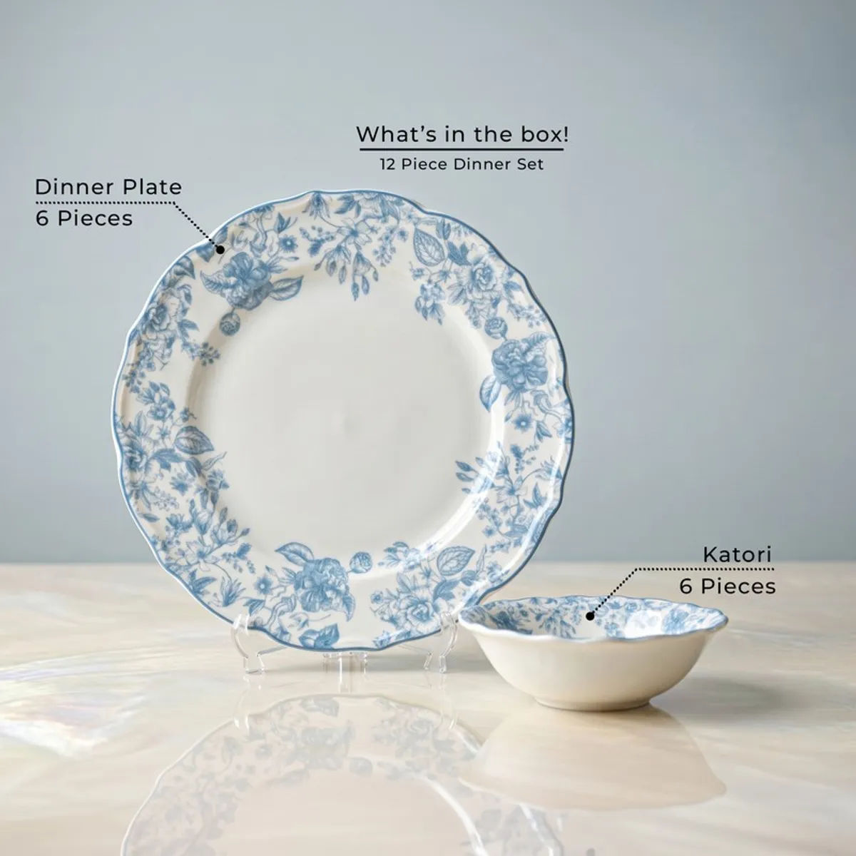 Single blue and white floral dinner plate with matching bowl