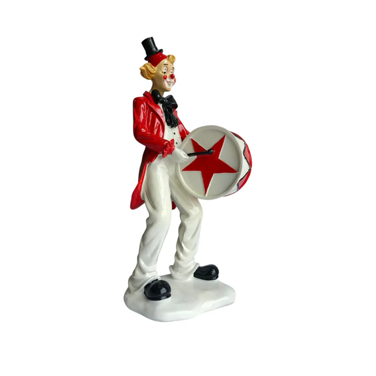 Side view of a red and white clown showpiece holding a drum