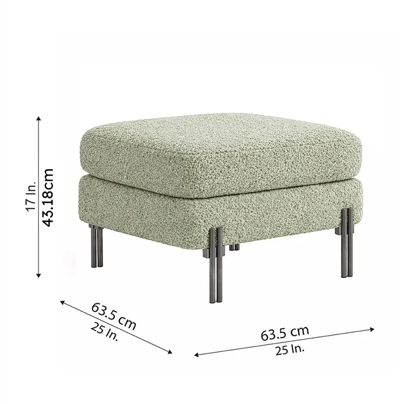 Sage-green square ottoman with measurement arrows showing its dimensions