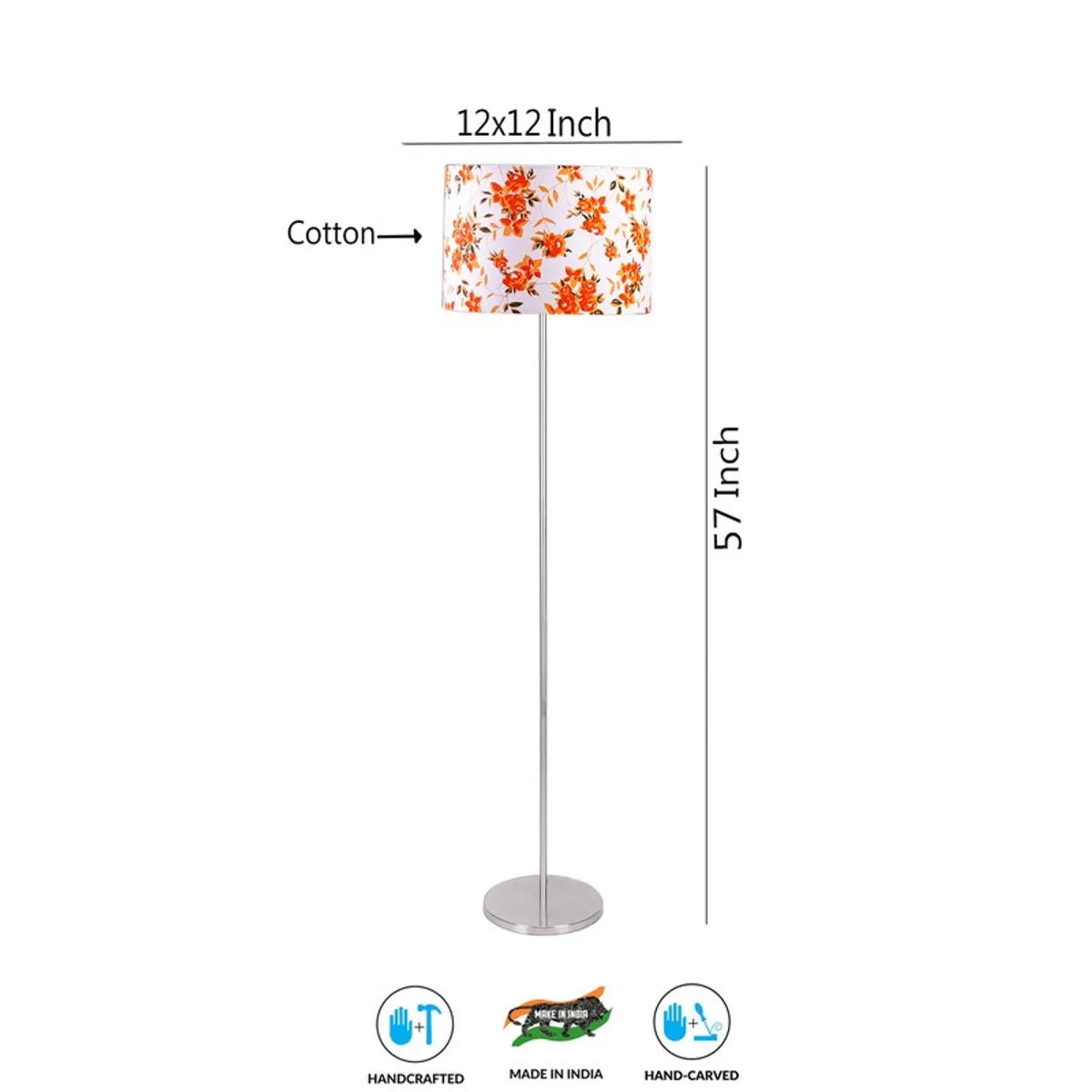 Floor lamp with floral cylindrical shade shown in a dimension-style product graphic