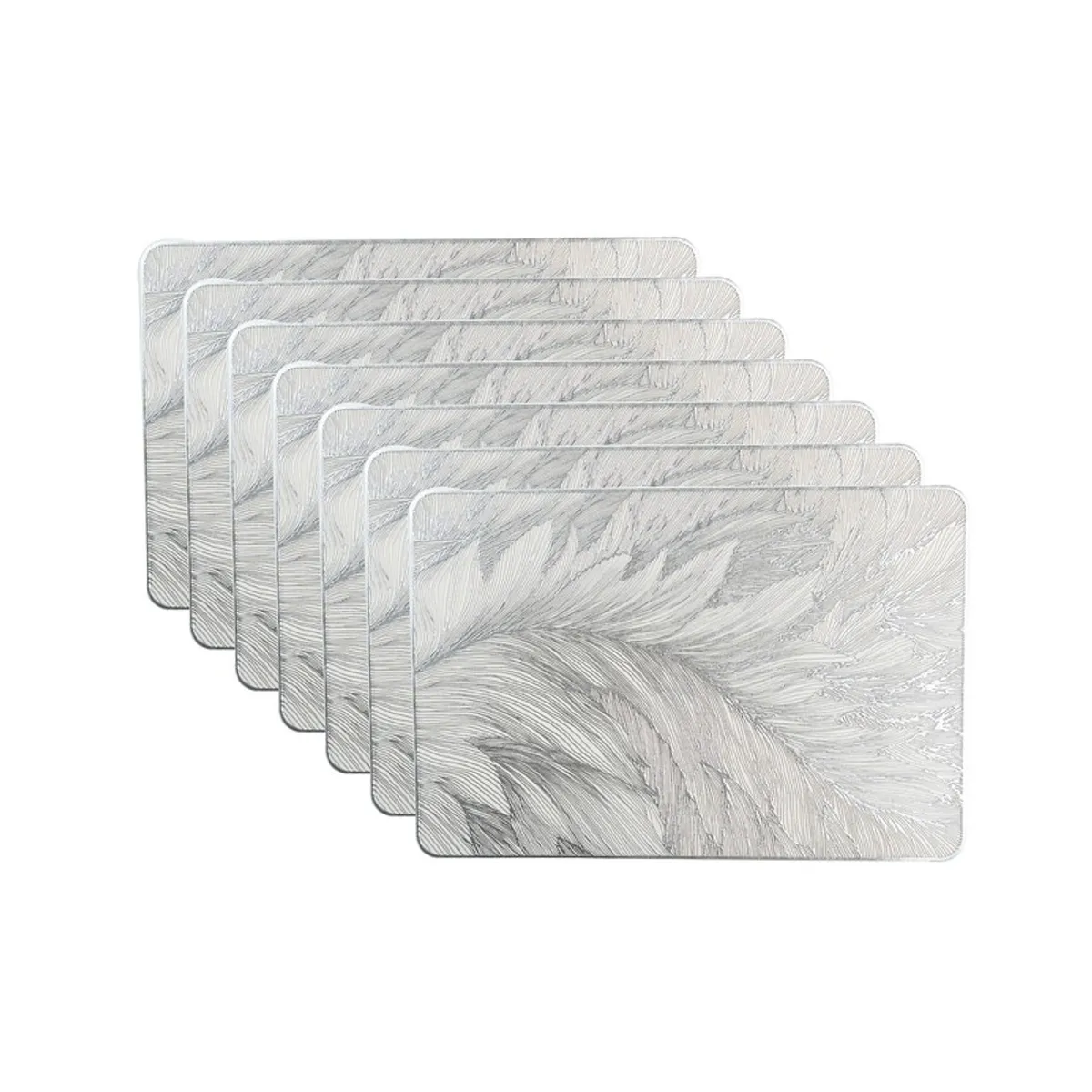 Set of six grey rectangular table mats stacked together