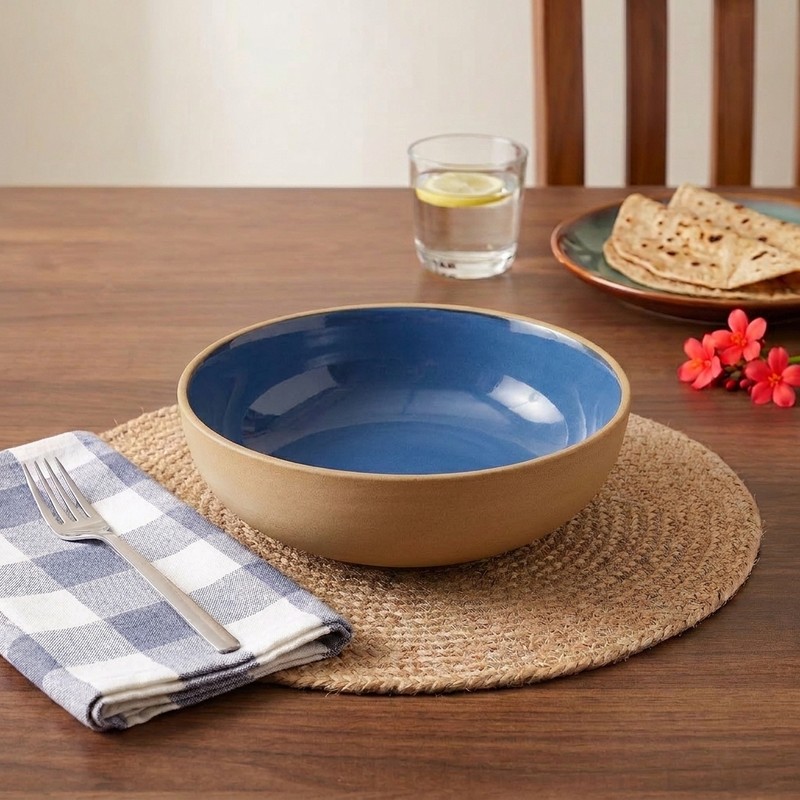 Celebration Serve Ceramic Serving Bowl (Beige & Blue) - 750 mL - 750 ML