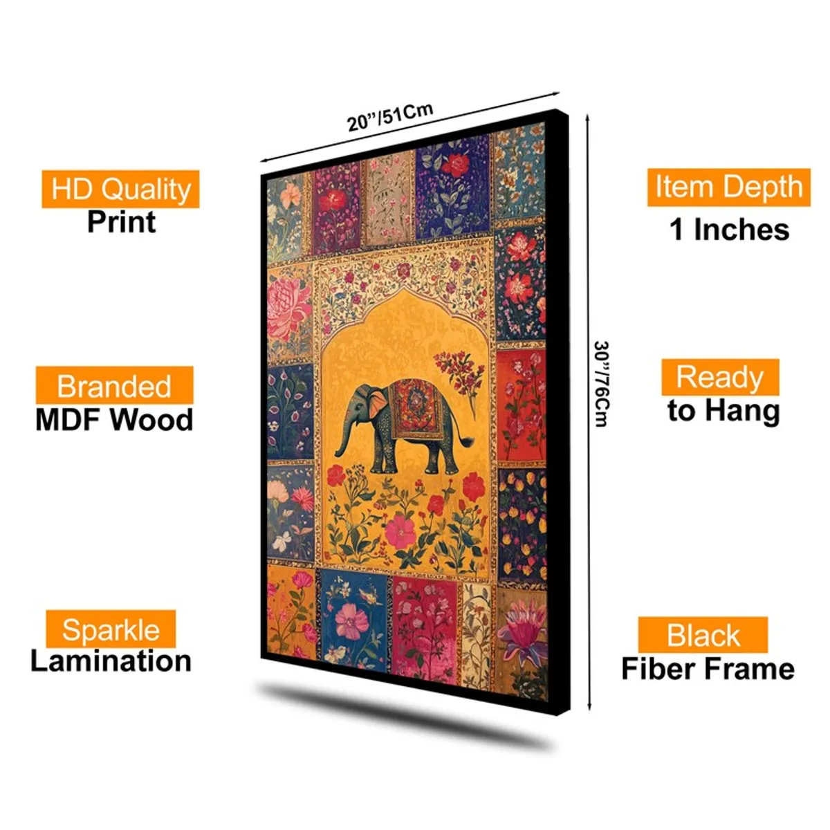 Angled view of elephant wall art with floral border and black frame