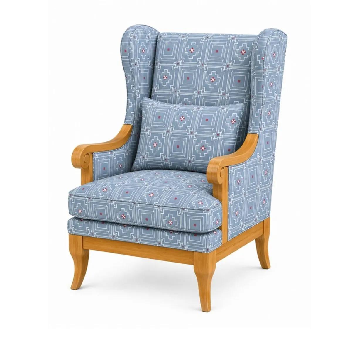 Three-quarter view of a blue geometric lounge chair with teak frame