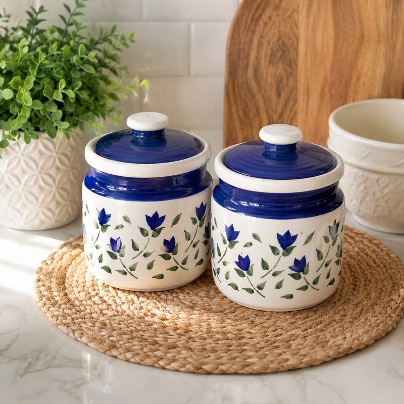 Perla Ceramic Condiment Jar (600 mL Each/Blue) - Set of Two