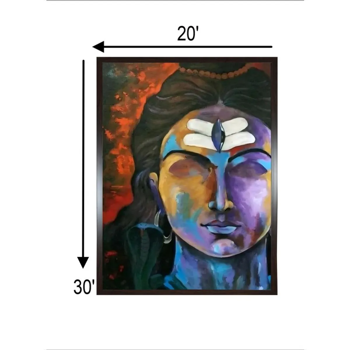 Framed Shiva canvas painting shown with visible 20 x 30 proportions