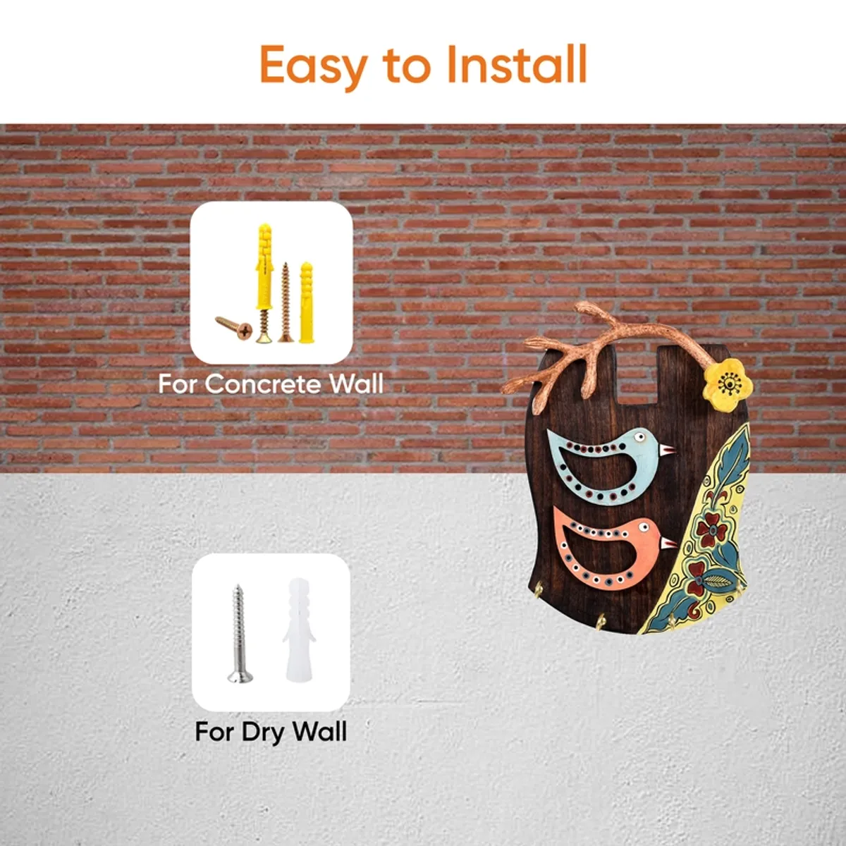 Decorative wooden key holder shown on a wall with installation hardware nearby