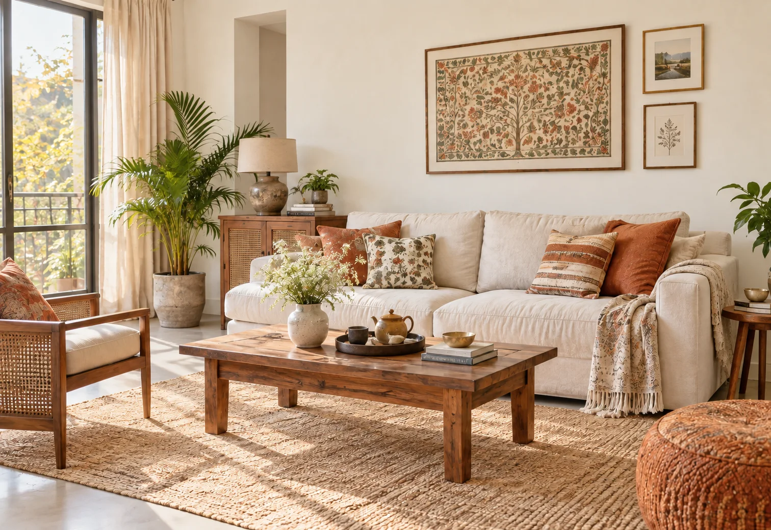 A sunlit living room with warm wood, soft cushions and a table set for tea