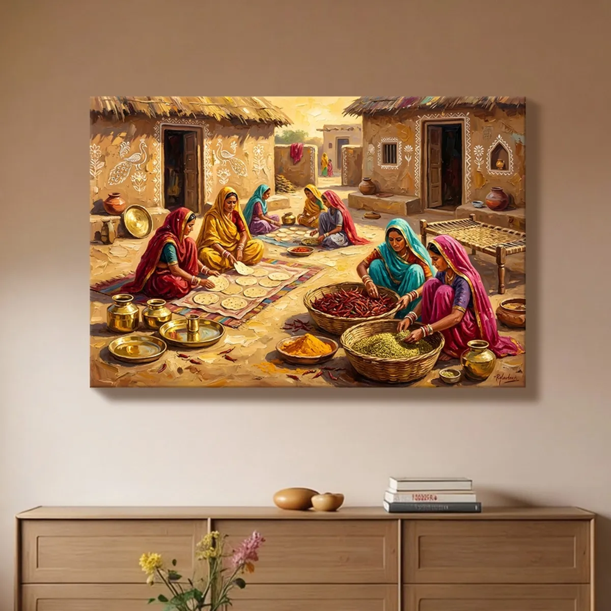 Rustic village life canvas wall painting displayed above a sideboard