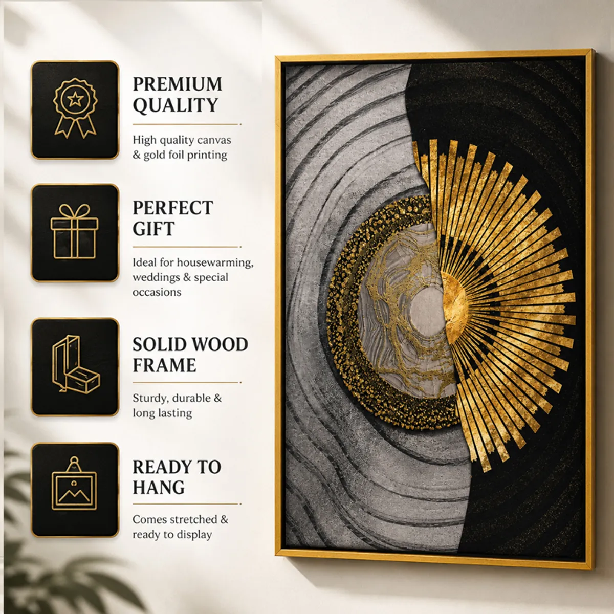 Framed abstract wall art with gold, black and grey composition