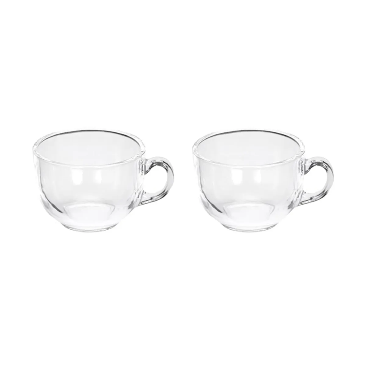 Two empty transparent glass tea cups with handles on a white background