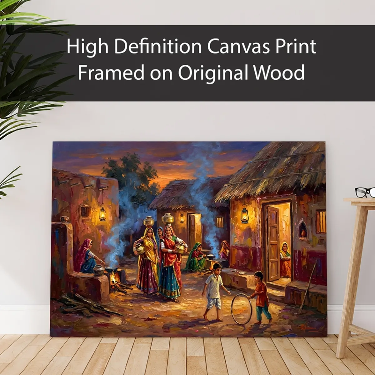 Canvas print showing a warm-toned Rajasthan village scene against a wall