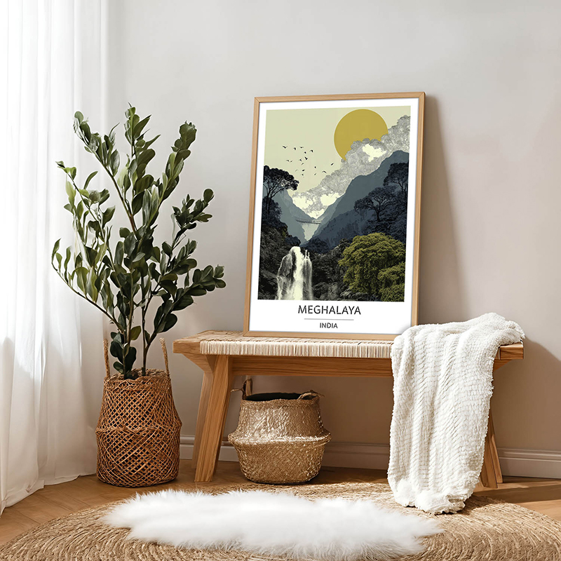 Moonlit Canyons of Meghalaya Wall Art With Brown Frame - Small