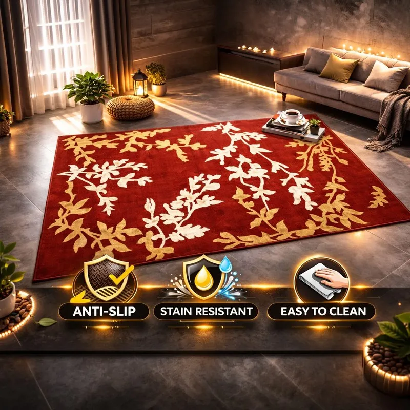 Maroon rectangular carpet with leafy motif in a cosy room