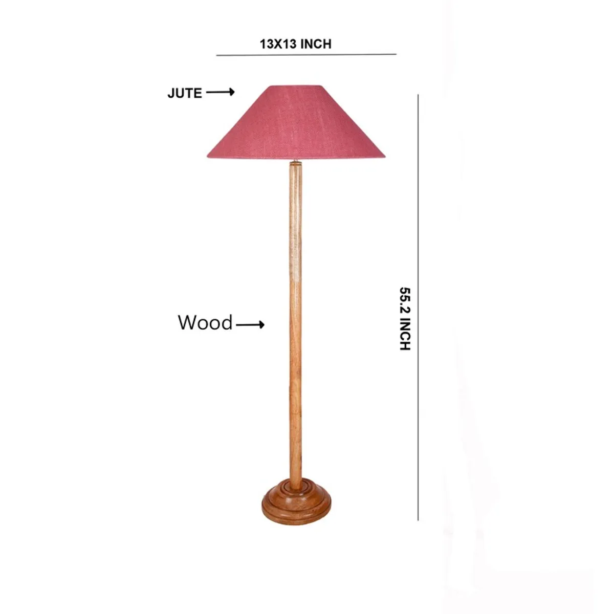 Wooden floor lamp with a pink shade shown in a measurement-style graphic