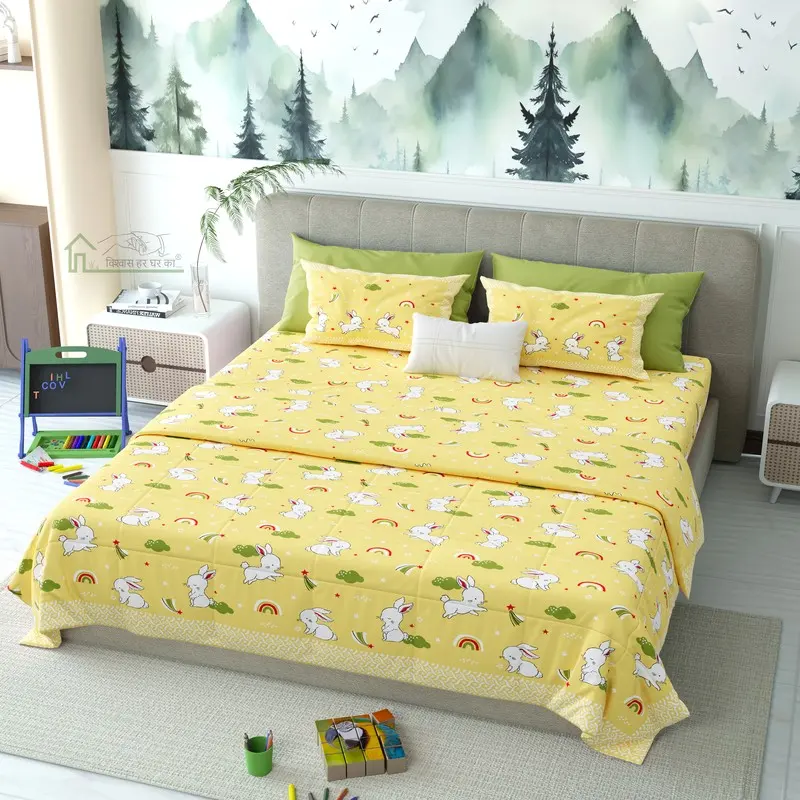 Bunnio Printed Cotton Kids Bedsheet (Yellow) - 120 TC