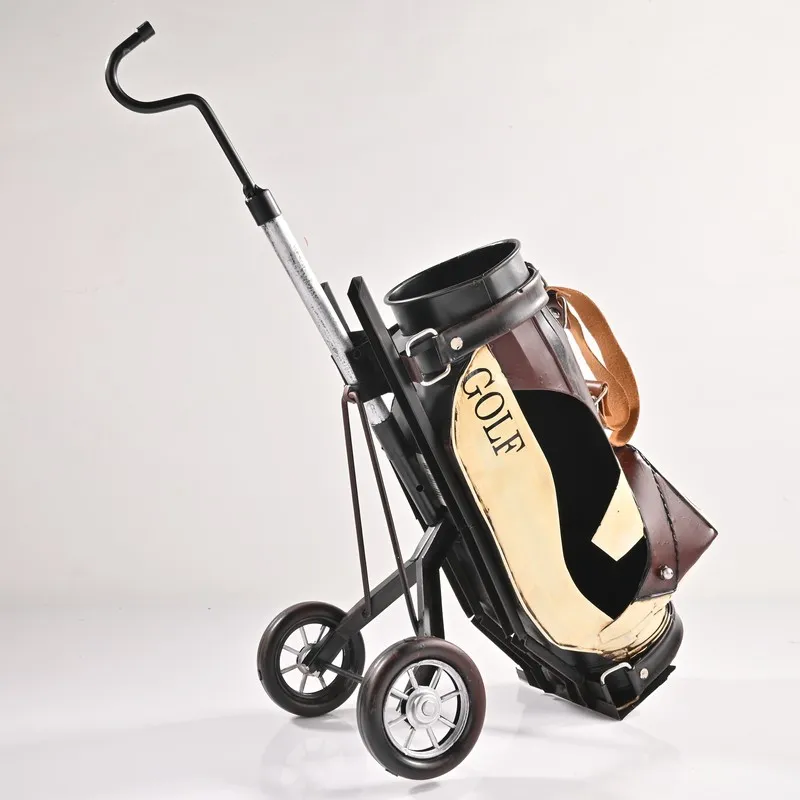 Rear angled view of golf kit miniature showpiece with wheeled stand