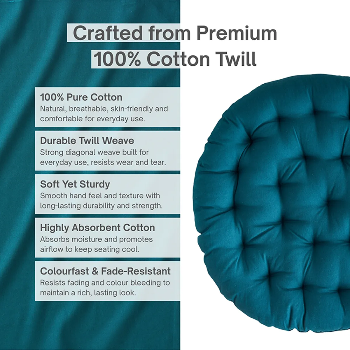 Close view of a round deep green tufted floor cushion against a plain background