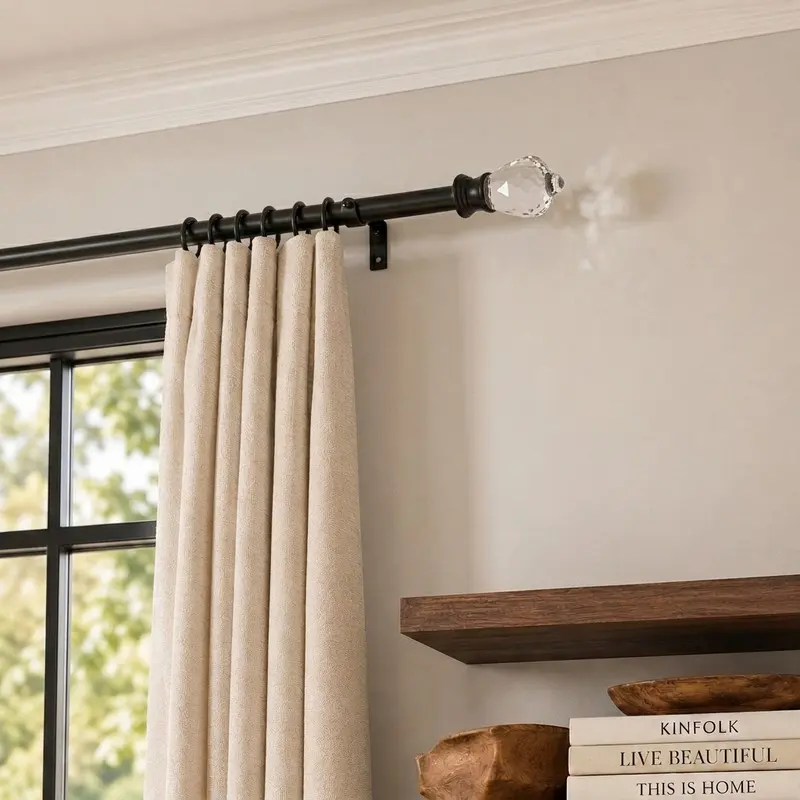 Rodrail Extendable Curtain Rod with Glass Bloom Finial & Bracket - Black - XS