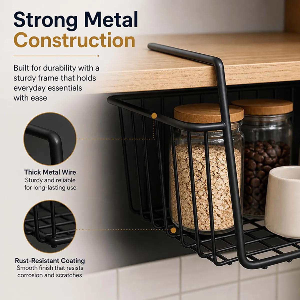 Close-up of black under-shelf metal rack holding jars beneath a wooden shelf