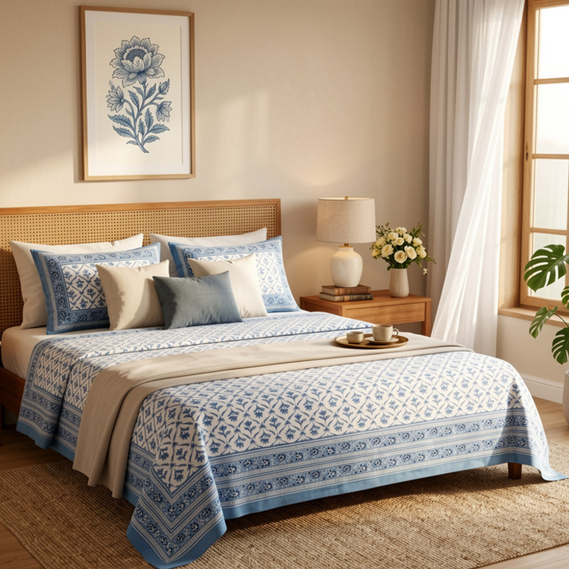 Azure Heritage Weave Cotton Bedsheet - 186 TC - Queen/Double