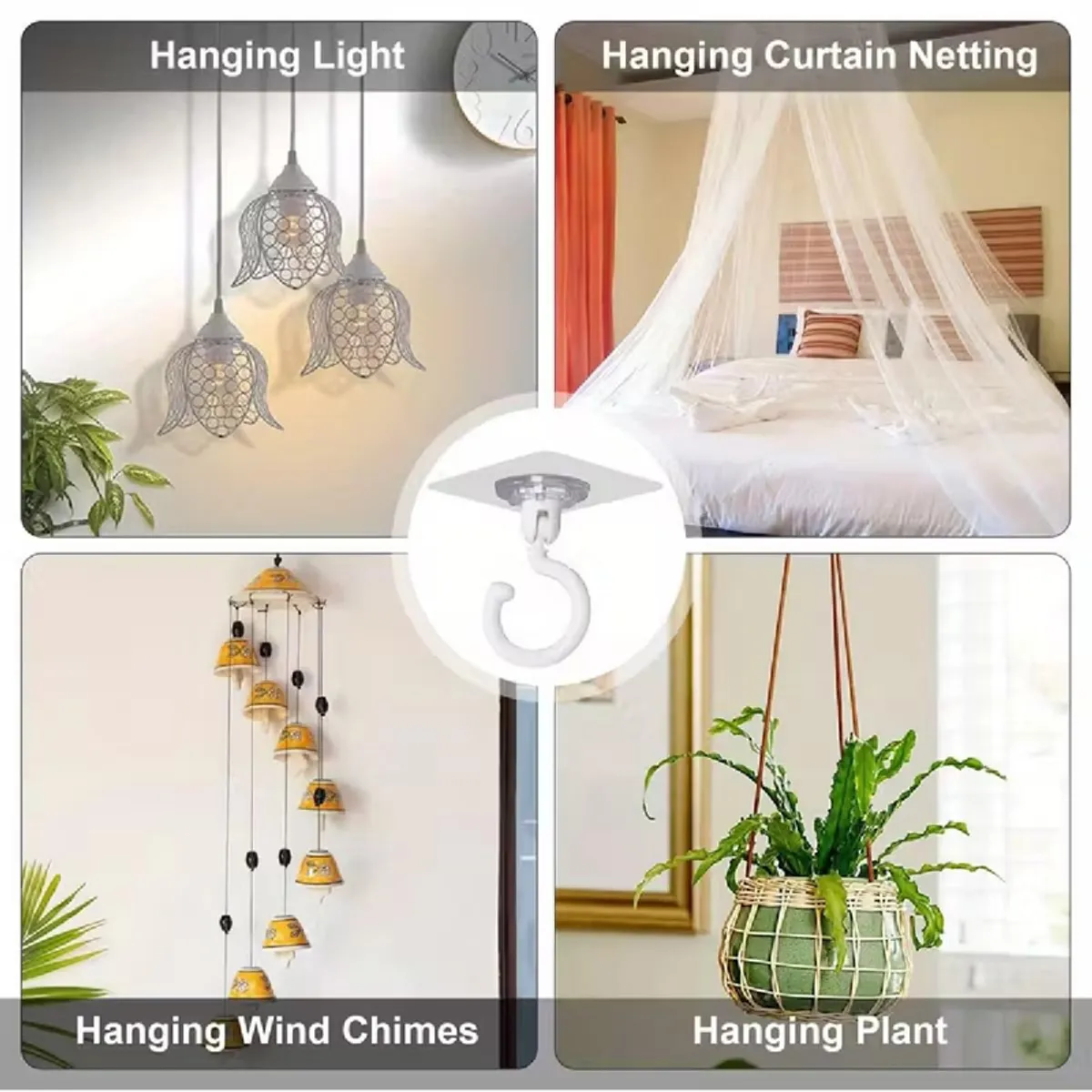 White swivel hook shown for hanging lights, curtains, wind chimes and plants