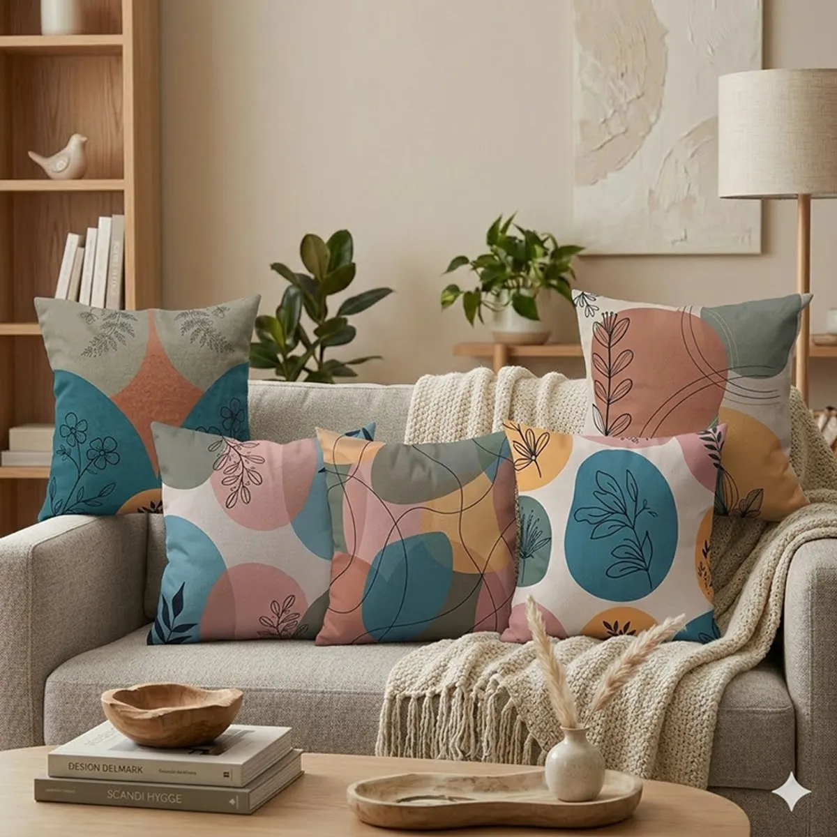Five reversible cushion covers displayed on a sofa with colourful abstract floral motifs.