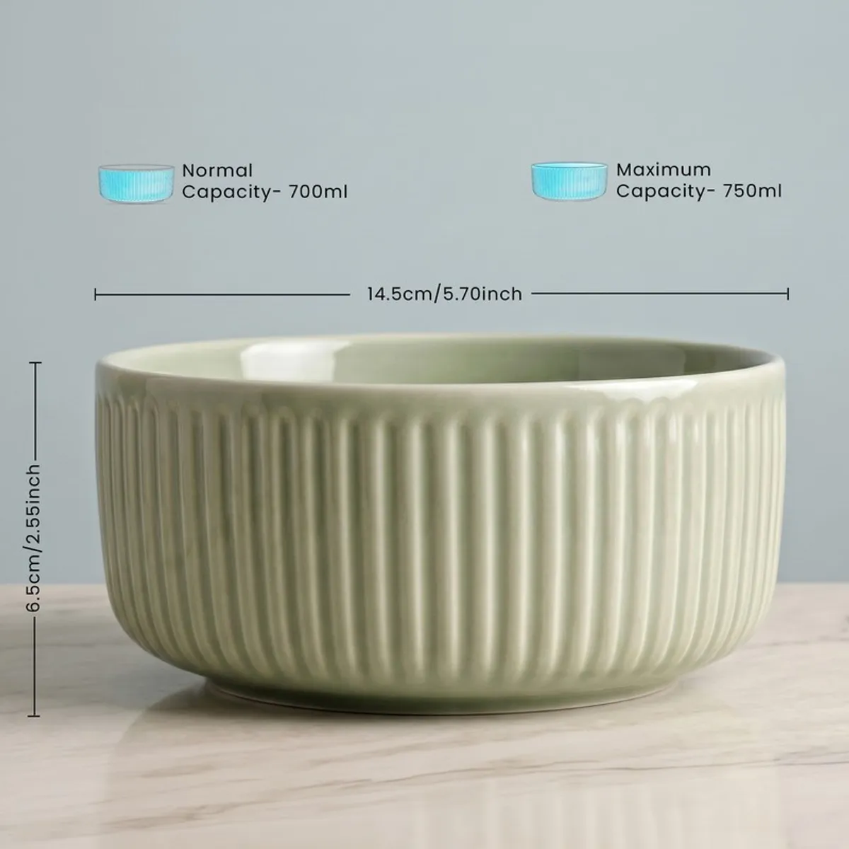 Sage green ribbed serving bowl with capacity and size graphic
