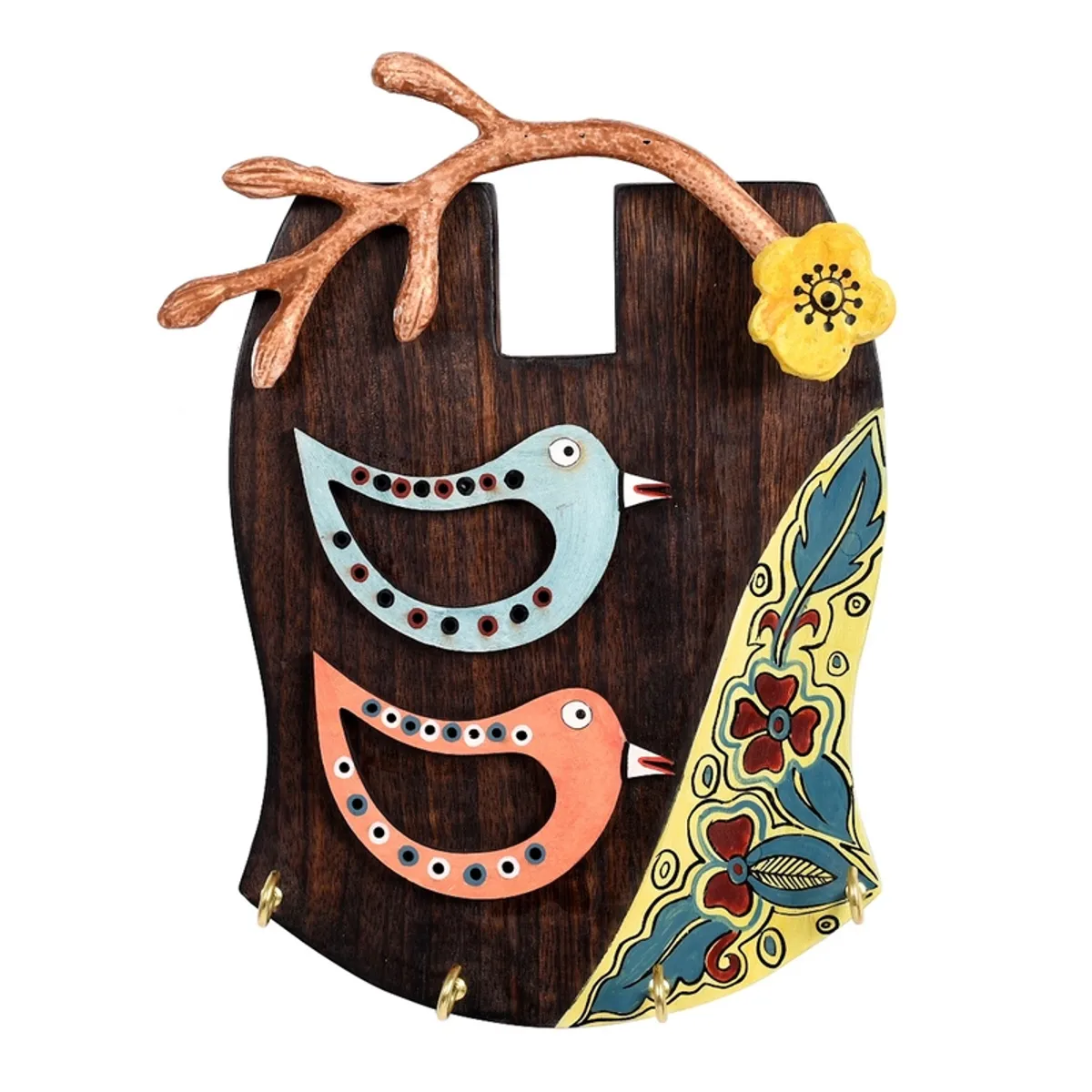 Wooden bird key holder with colourful floral and bird motifs on a white background